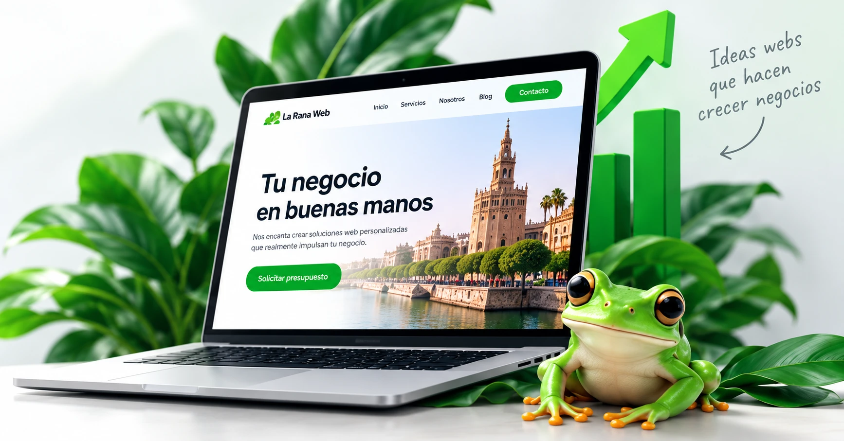 La Rana Web Portátil con una web de La Rana Web junto a la rana verde de la marca